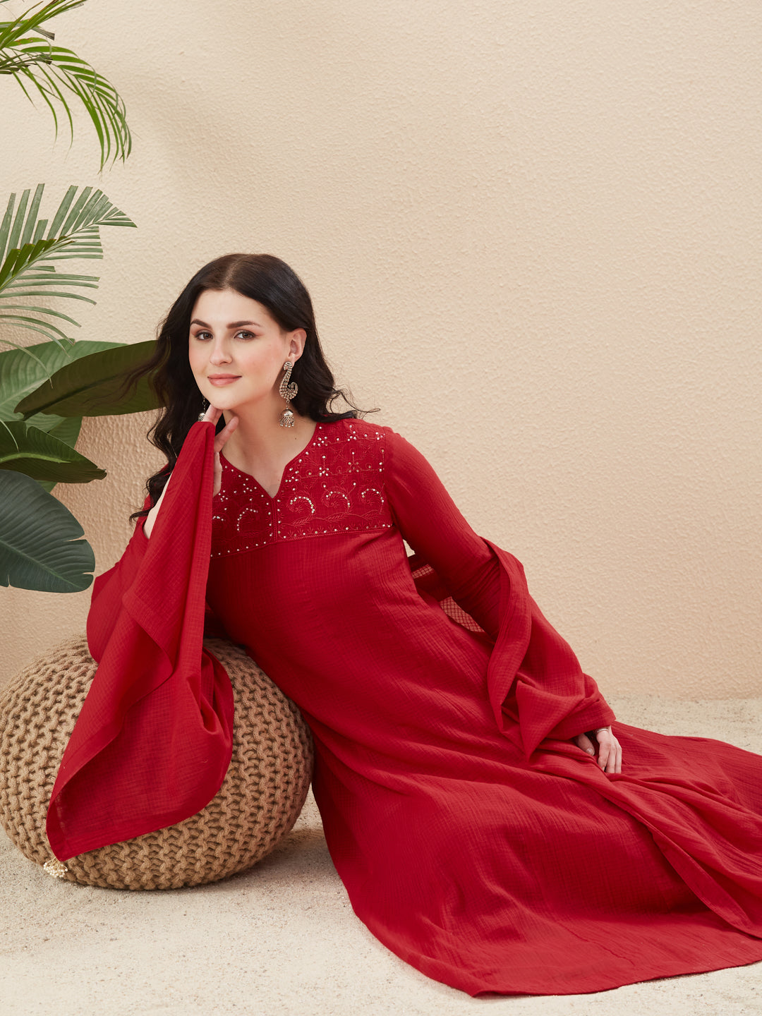 Red Cotton Anarkali Set for Women with Dupatta