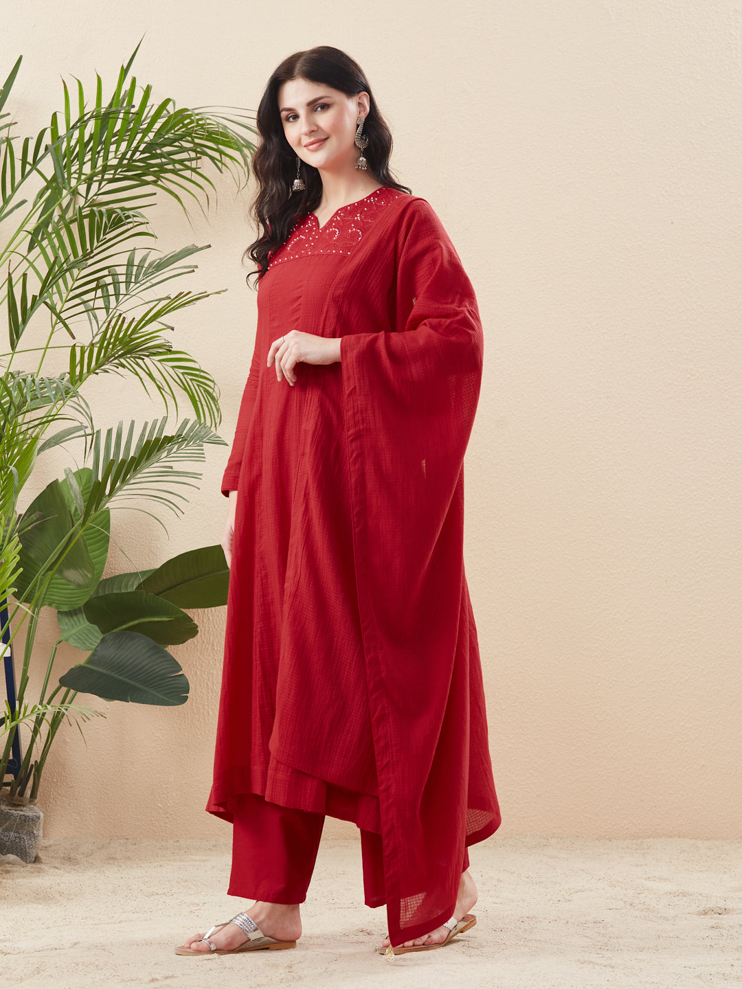 Red Cotton Anarkali Set for Women with Dupatta
