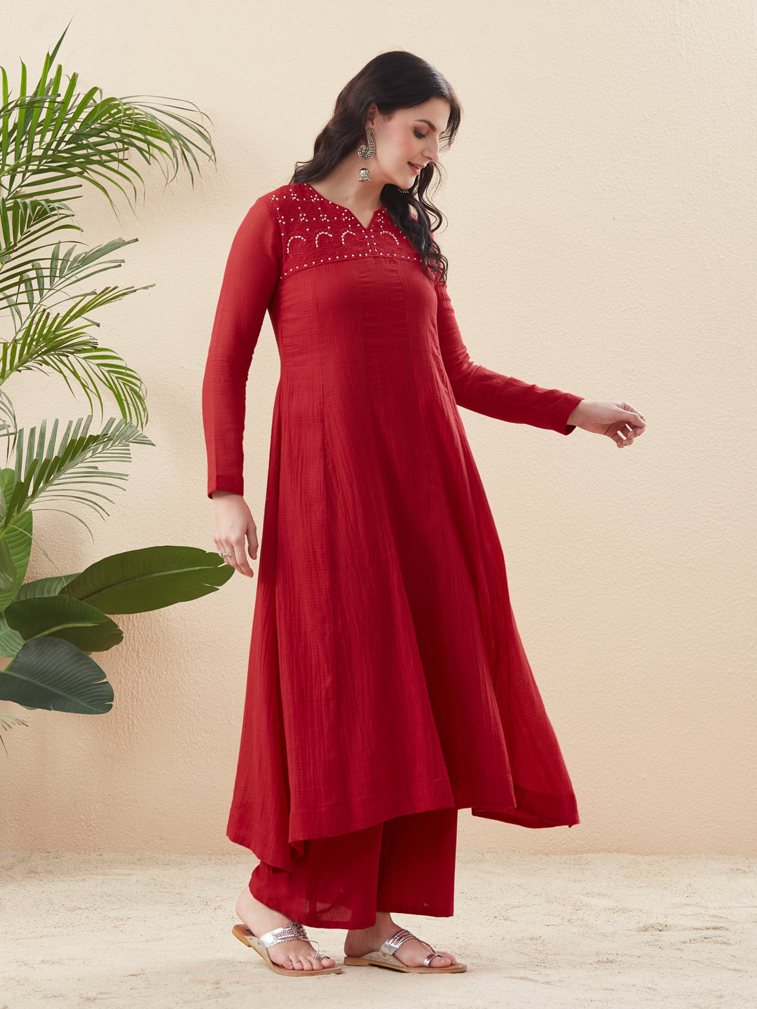 Red Cotton Anarkali Set for Women with Dupatta