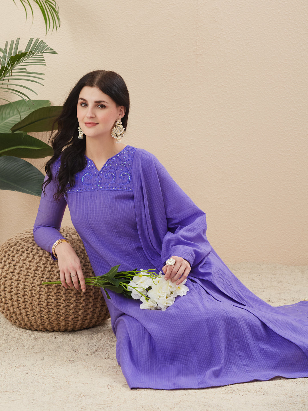 Women’s Ethnic Purple Cotton Anarkali Kurta Palazzo Set with Dupatta