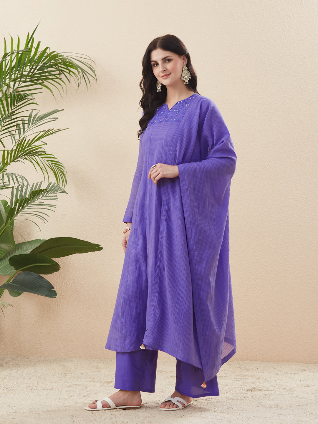 Women’s Ethnic Purple Cotton Anarkali Kurta Palazzo Set with Dupatta