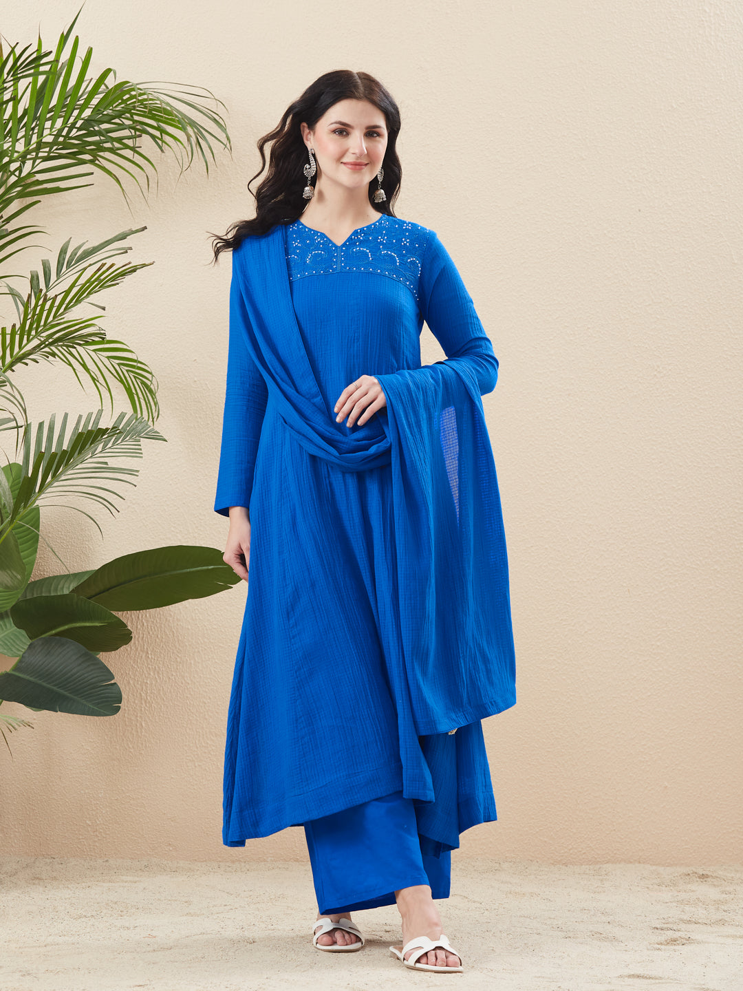 Women’s Royal Blue Cotton Flared Anarkali Kurta Palazzo Set with Dupatta