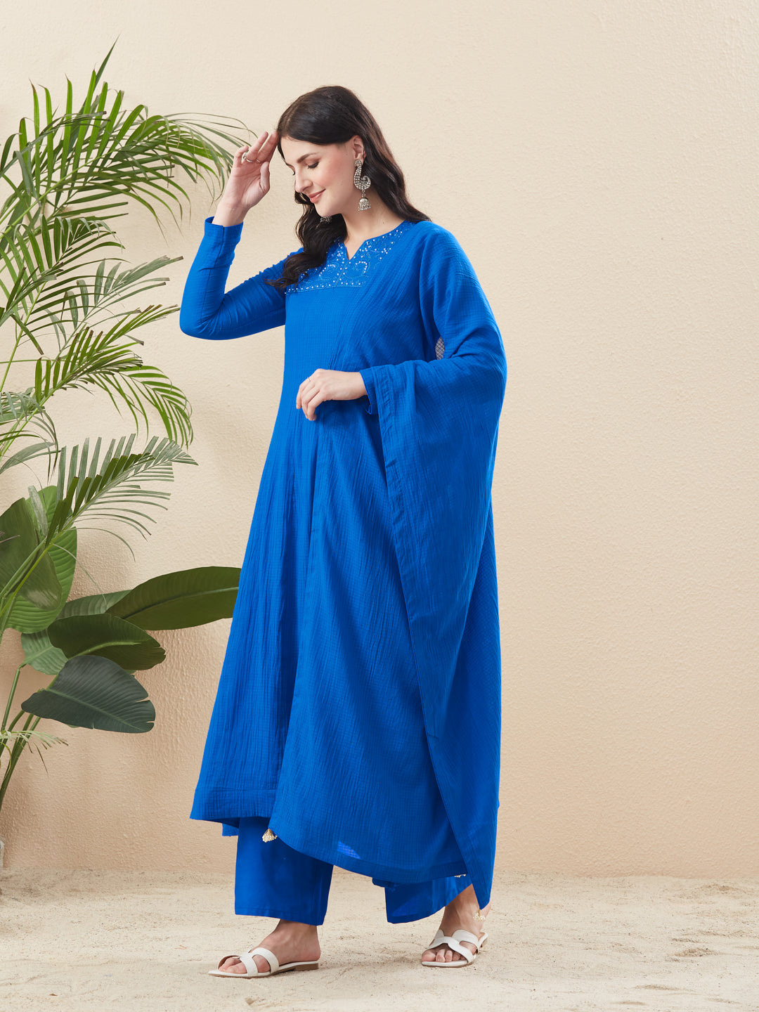 Women’s Royal Blue Cotton Flared Anarkali Kurta Palazzo Set with Dupatta