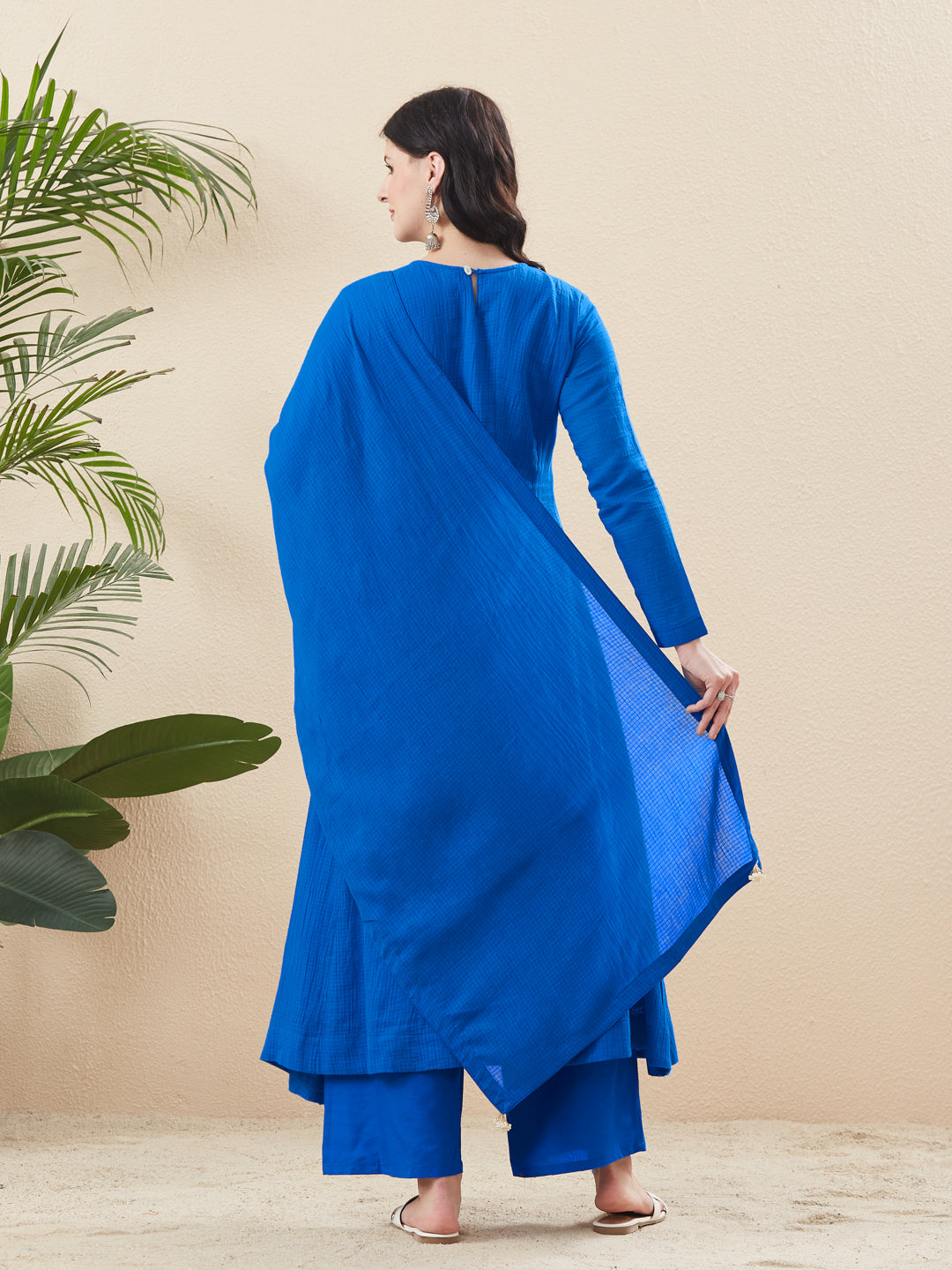 Women’s Royal Blue Cotton Flared Anarkali Kurta Palazzo Set with Dupatta