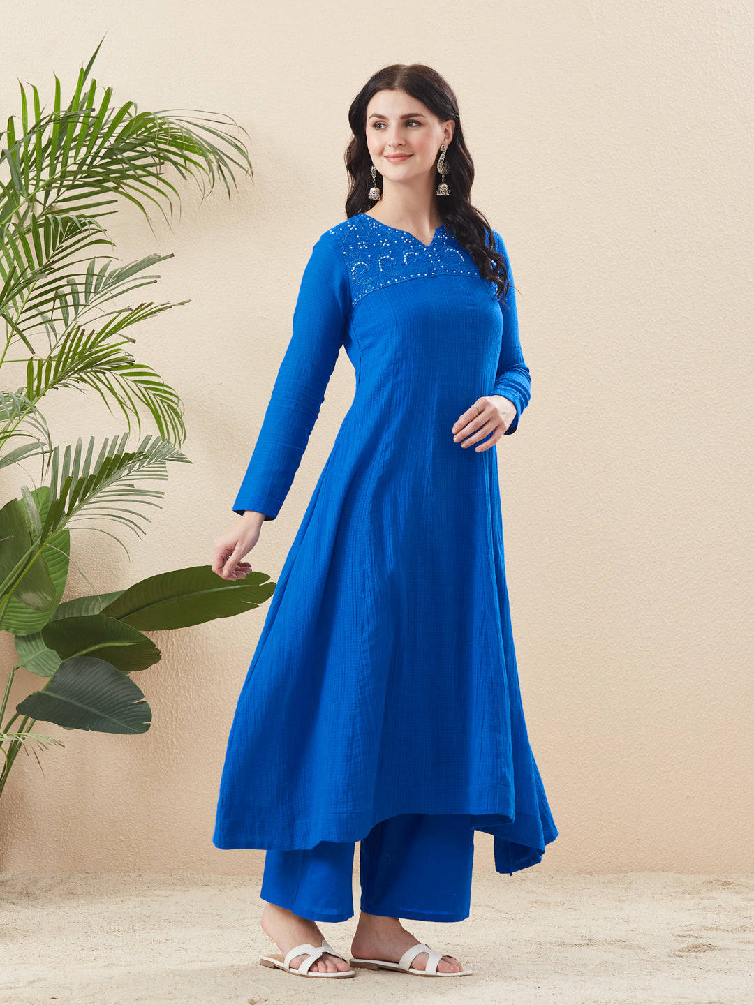 Women’s Royal Blue Cotton Flared Anarkali Kurta Palazzo Set with Dupatta