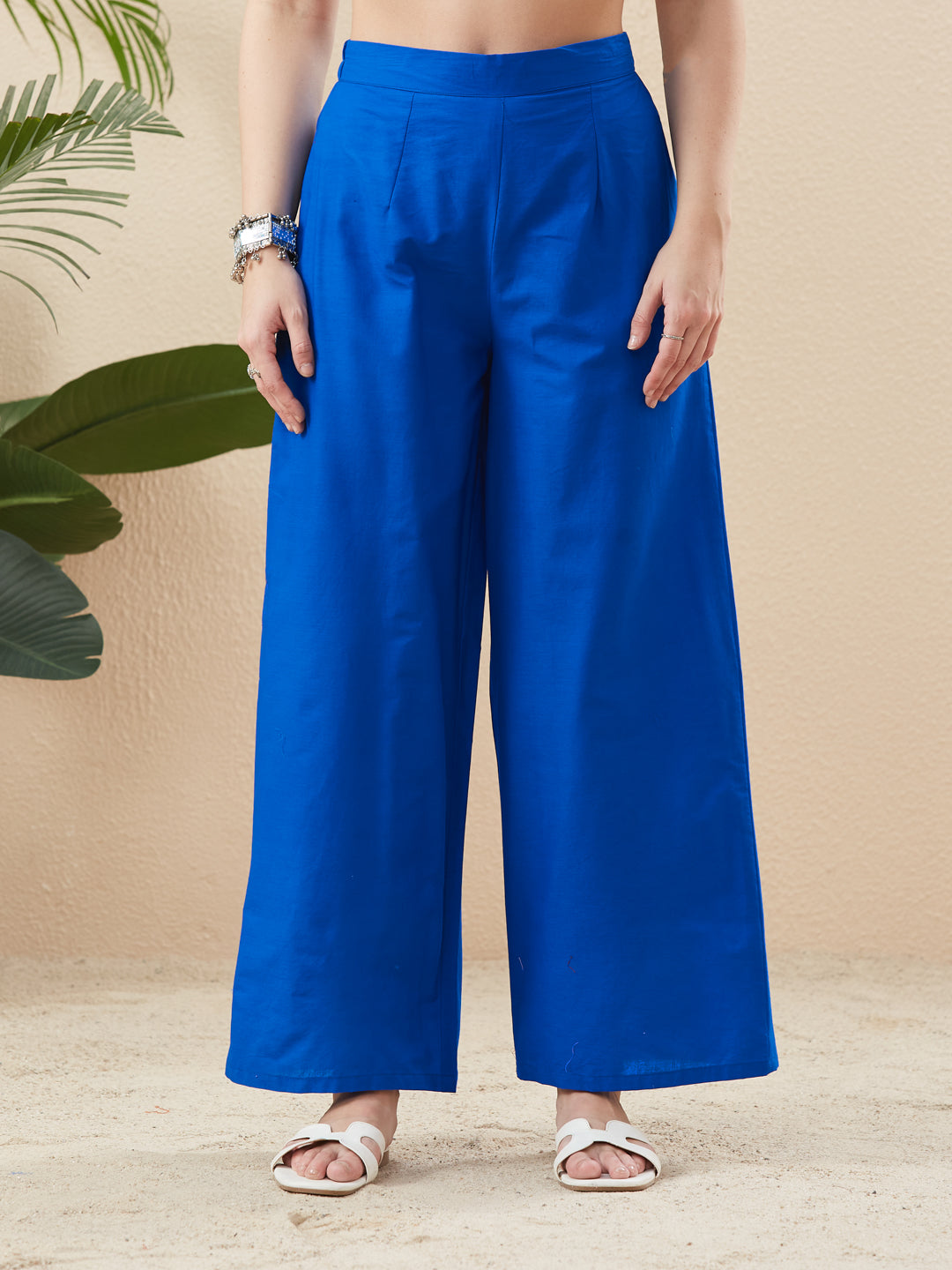 Women’s Royal Blue Cotton Flared Anarkali Kurta Palazzo Set with Dupatta