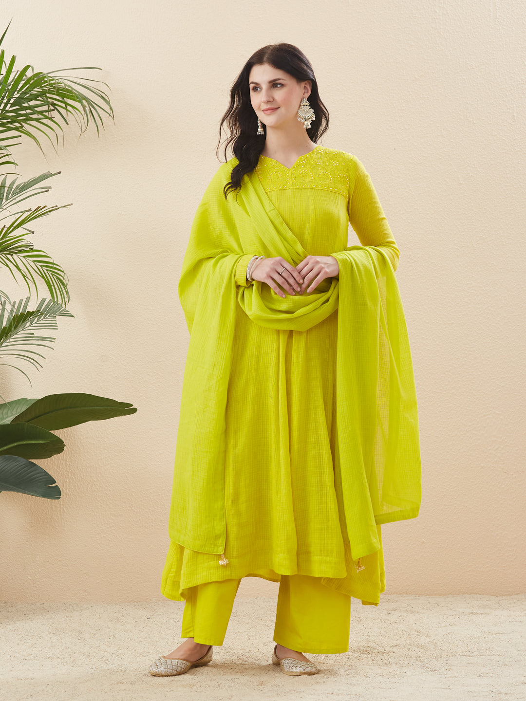 Trendy Neon Cotton Anarkali Suit Set With Dupatta for Women