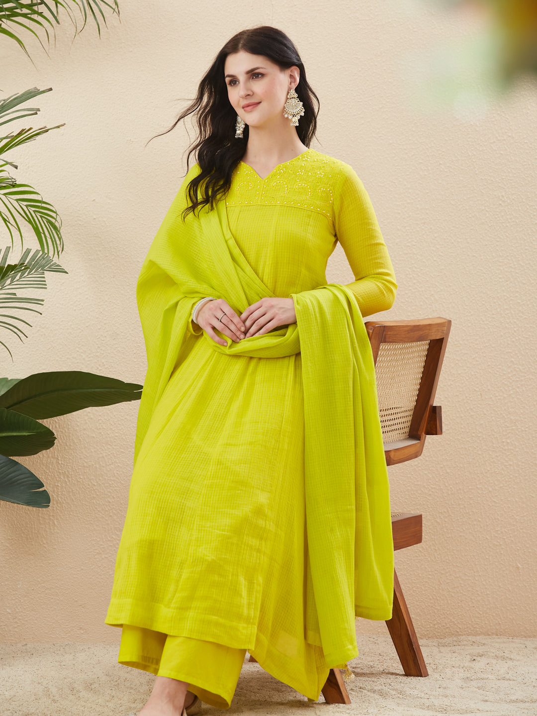 Trendy Neon Cotton Anarkali Suit Set With Dupatta for Women