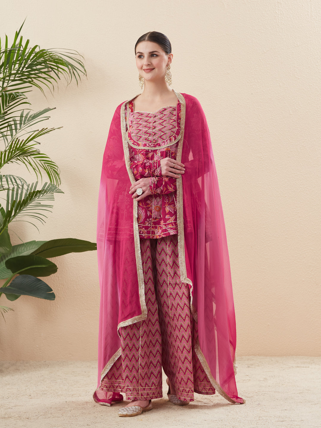 Rani Cotton Printed Kurta with Palazzo & Dupatta Set for women