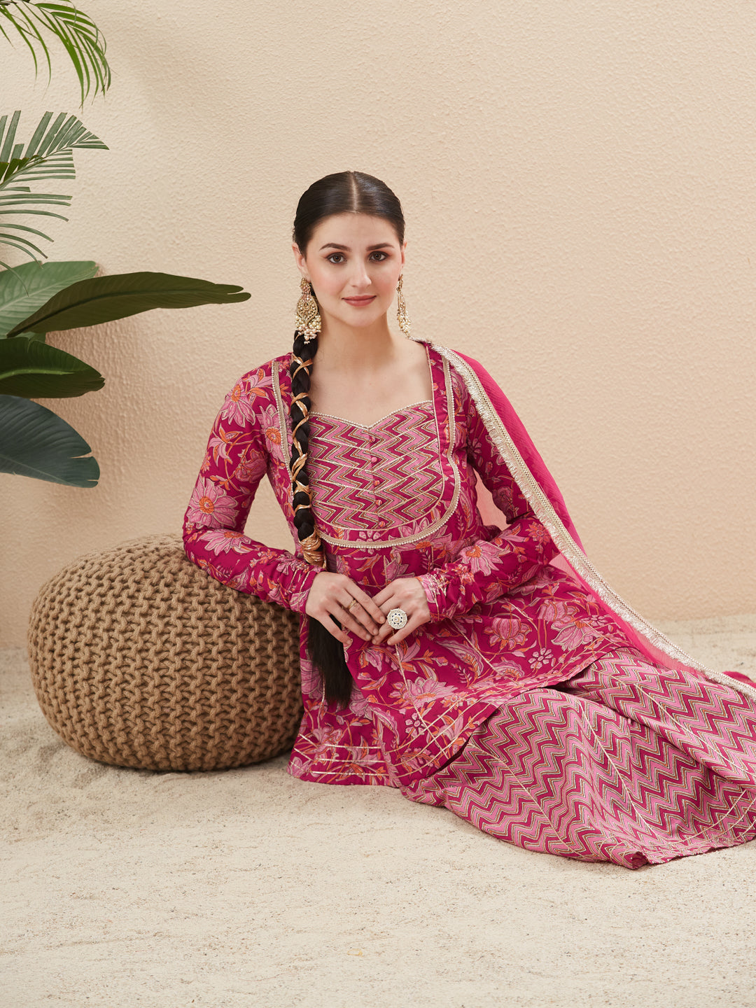 Rani Cotton Printed Kurta with Palazzo & Dupatta Set for women