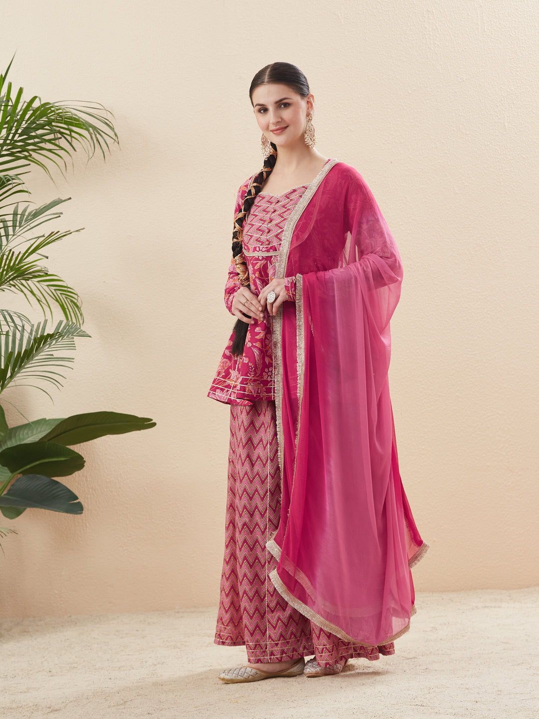 Rani Cotton Printed Kurta with Palazzo & Dupatta Set for women