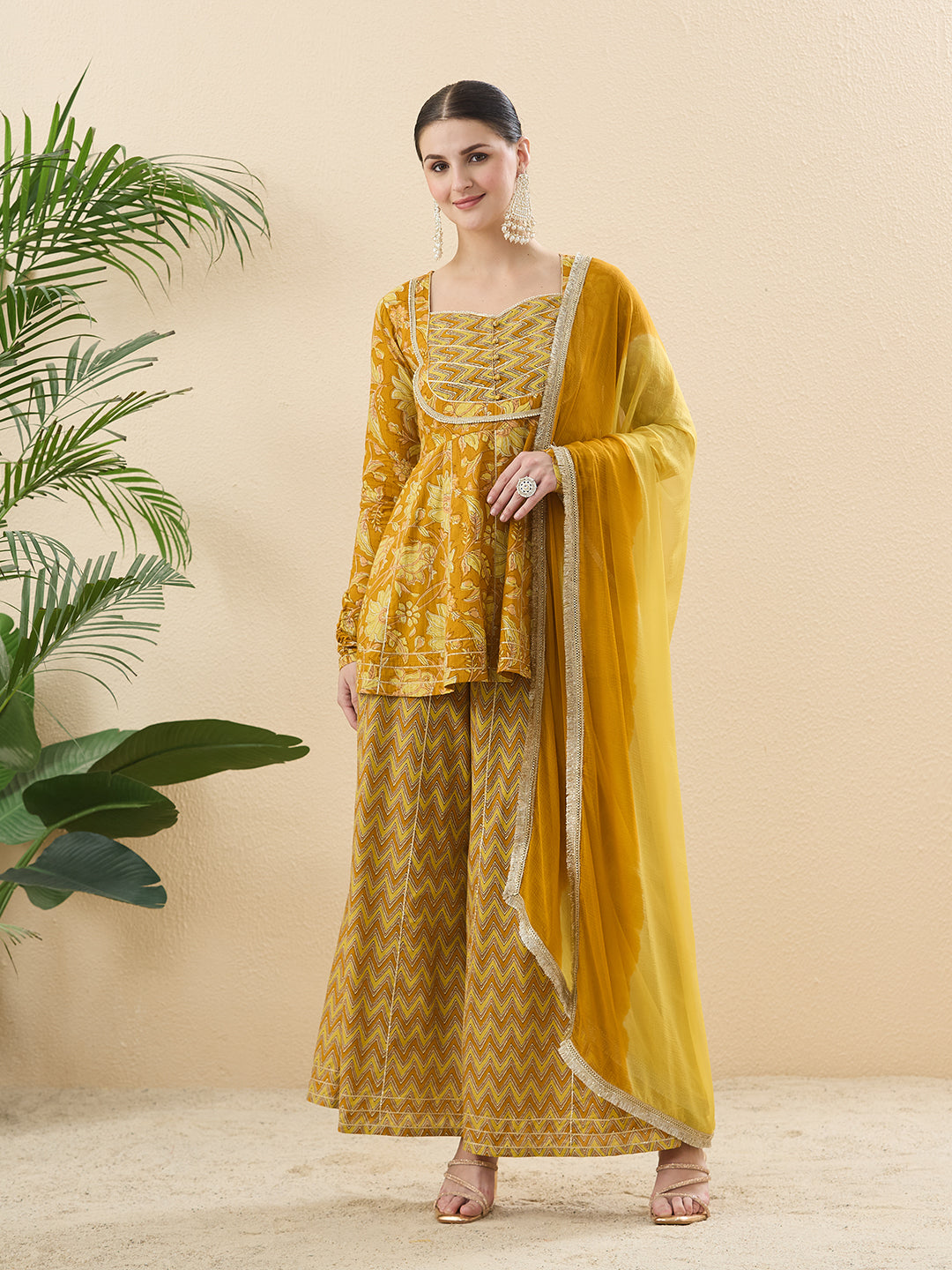 Yellow Cotton Printed Floral Kurta with Zigzag Palazzo & Dupatta