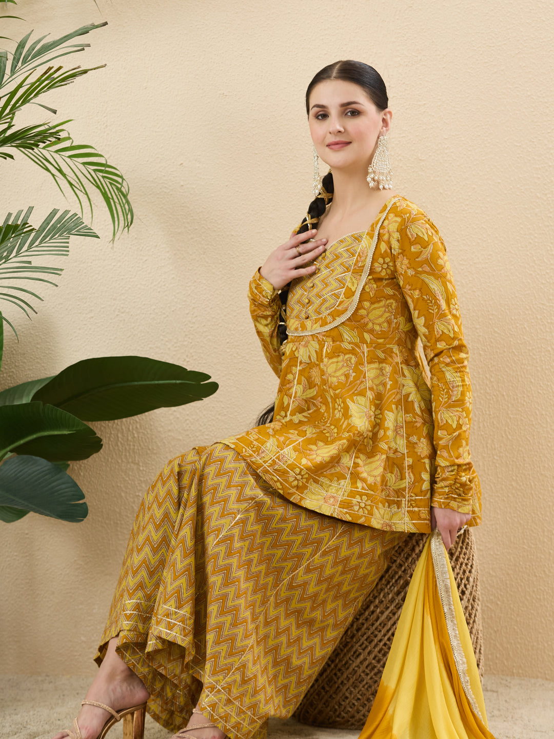 Yellow Cotton Printed Floral Kurta with Zigzag Palazzo & Dupatta