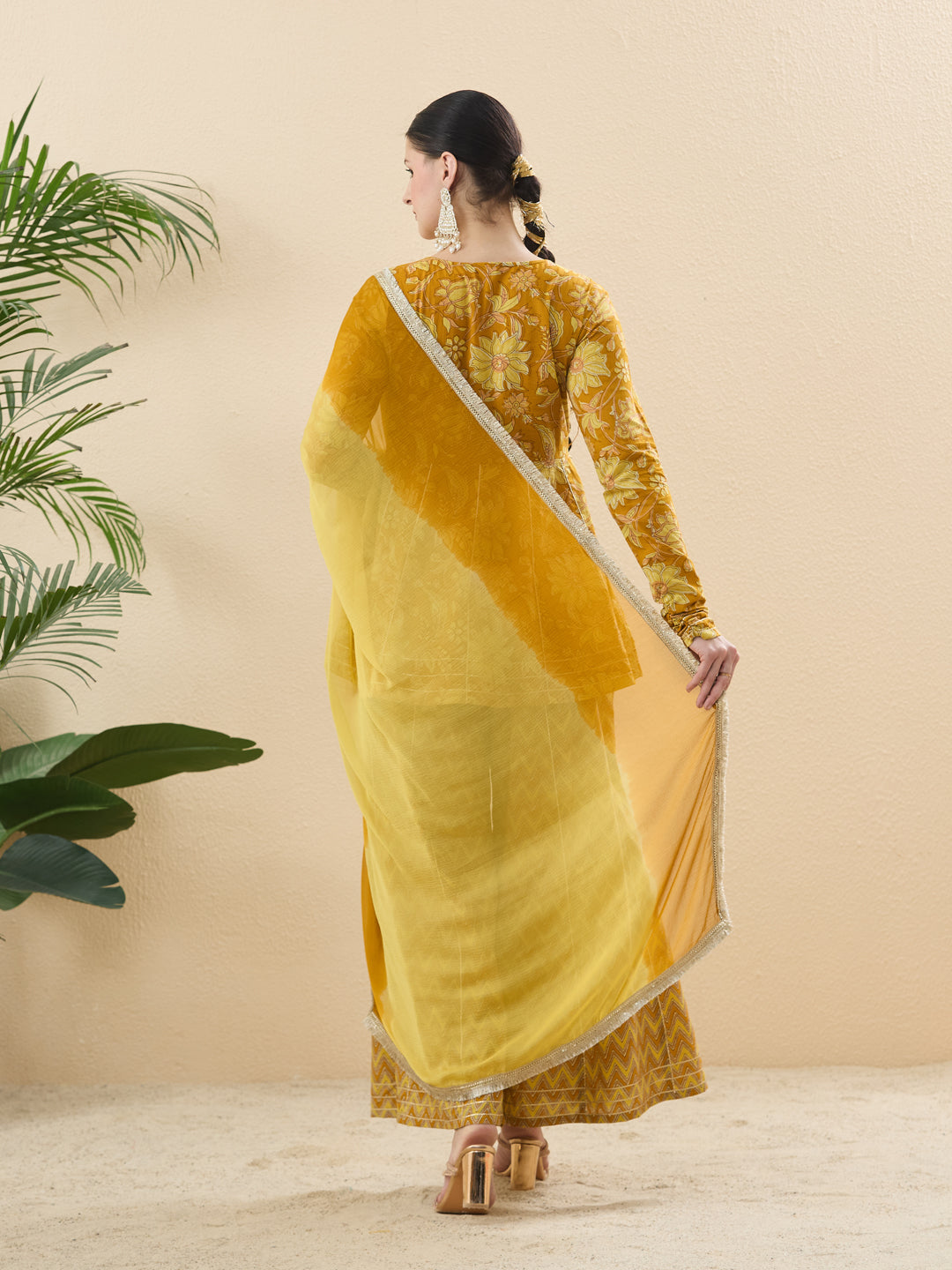 Yellow Cotton Printed Floral Kurta with Zigzag Palazzo & Dupatta