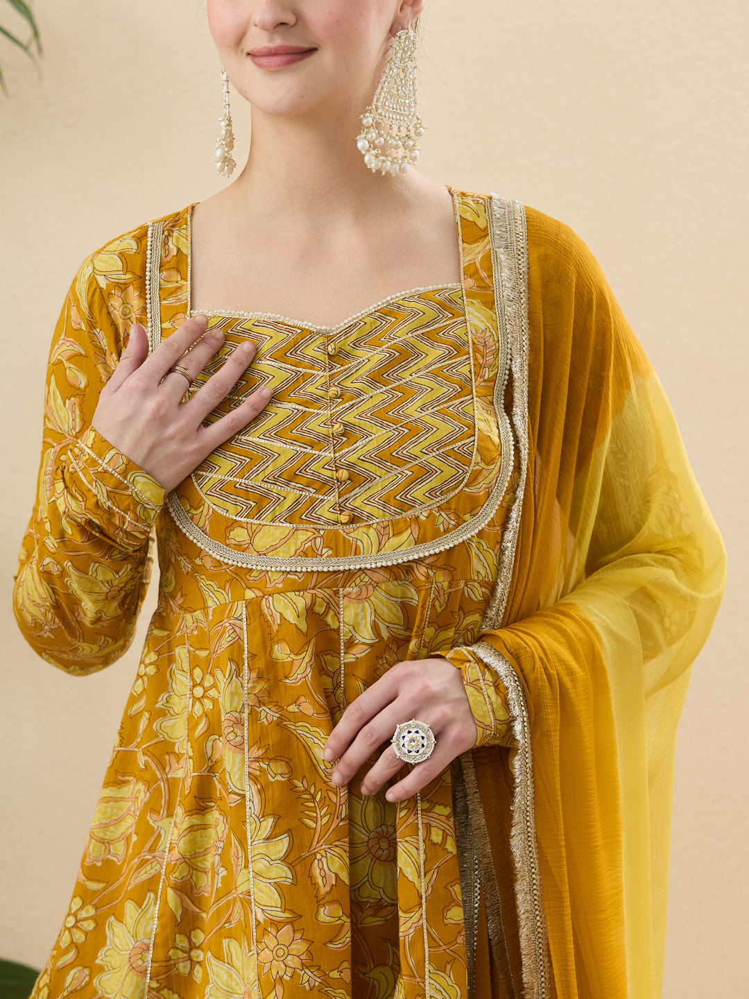 Yellow Cotton Printed Floral Kurta with Zigzag Palazzo & Dupatta