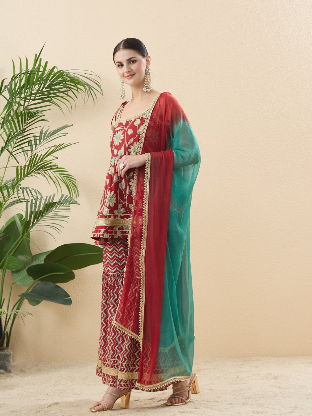 Red Cotton Printed Floral Ethnic Palazzo Set With Dupatta For Women