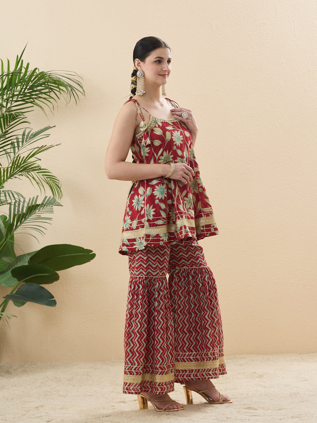 Red Cotton Printed Floral Ethnic Palazzo Set With Dupatta For Women