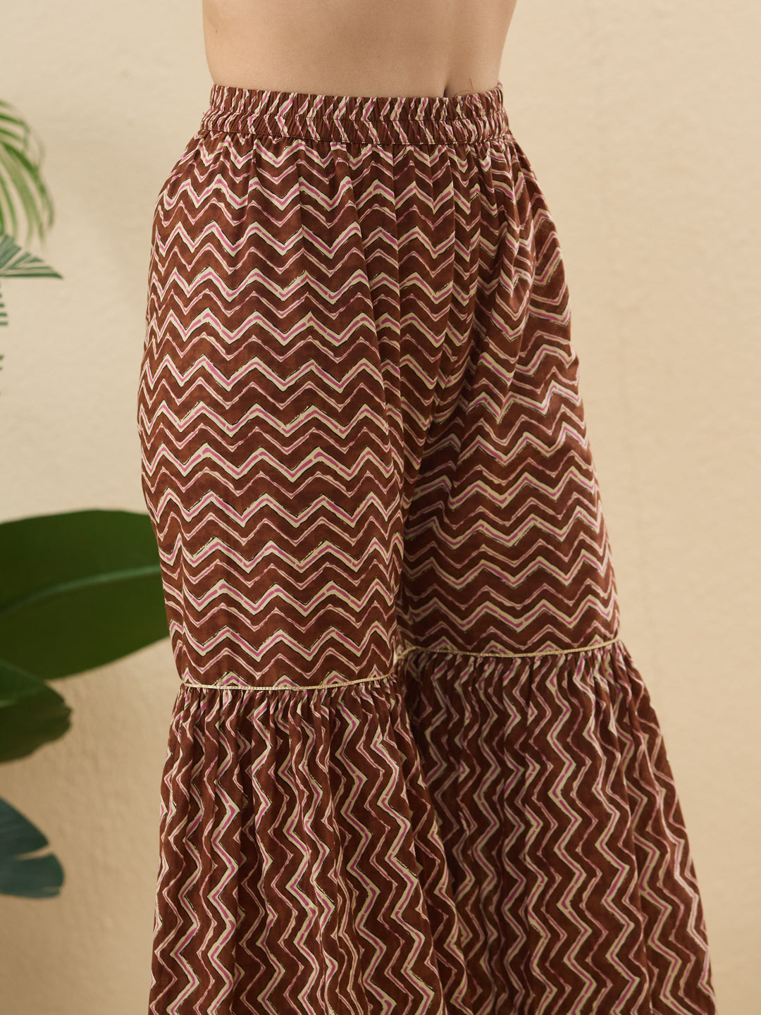 Trendy Coffee Cotton Printed Kurta Palazzo Set With Contrast Dupatta For Women