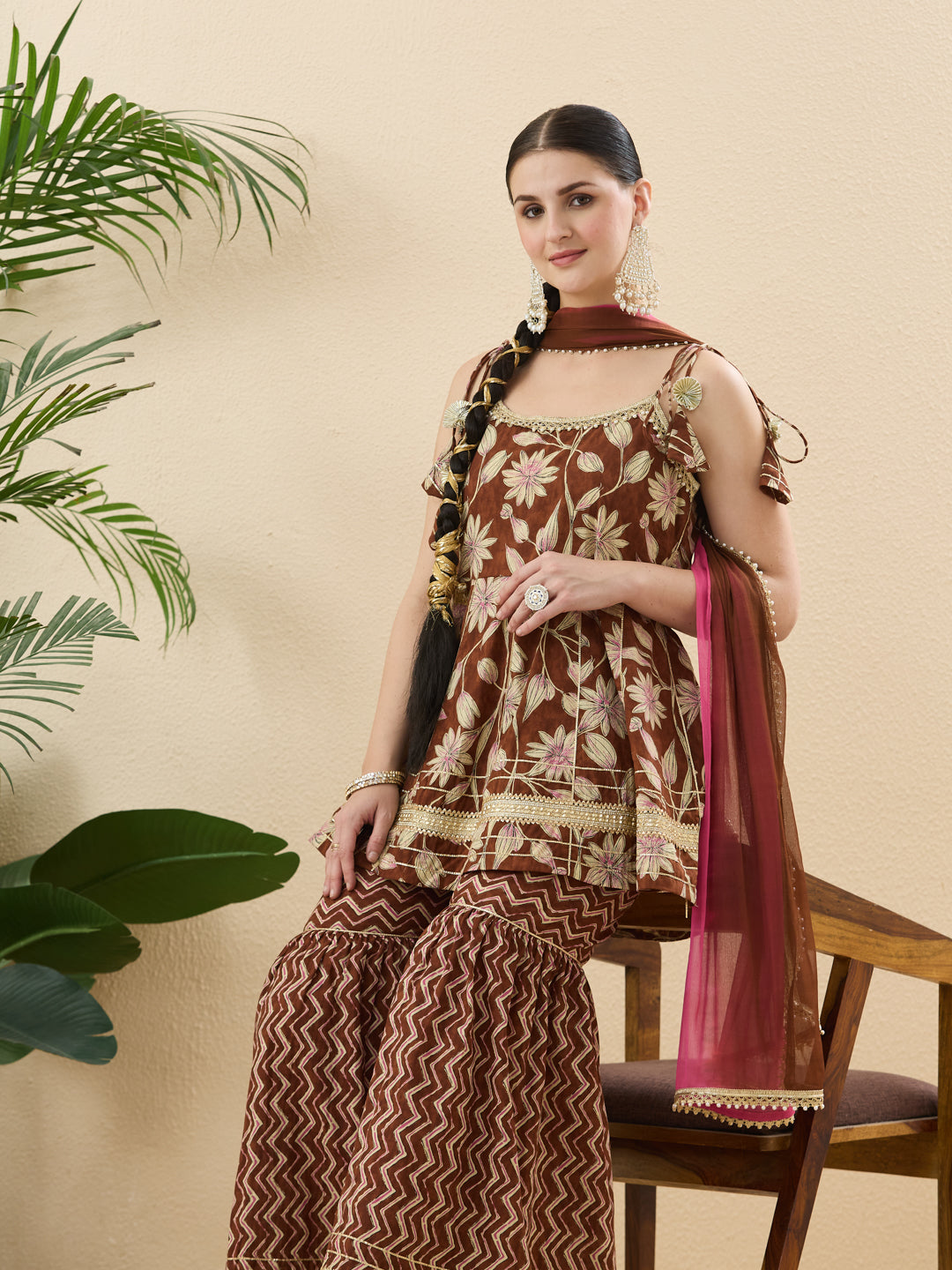 Trendy Coffee Cotton Printed Kurta Palazzo Set With Contrast Dupatta For Women