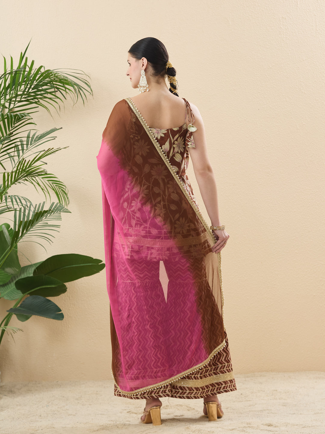 Trendy Coffee Cotton Printed Kurta Palazzo Set With Contrast Dupatta For Women