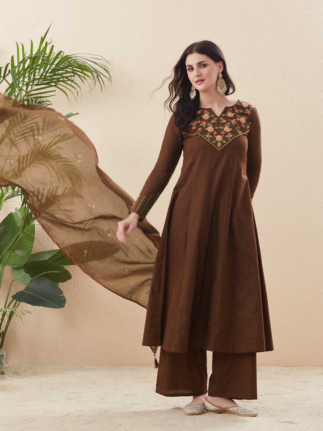 Coffee Cotton Anarkali Kurta with Dupatta & Pants For Women