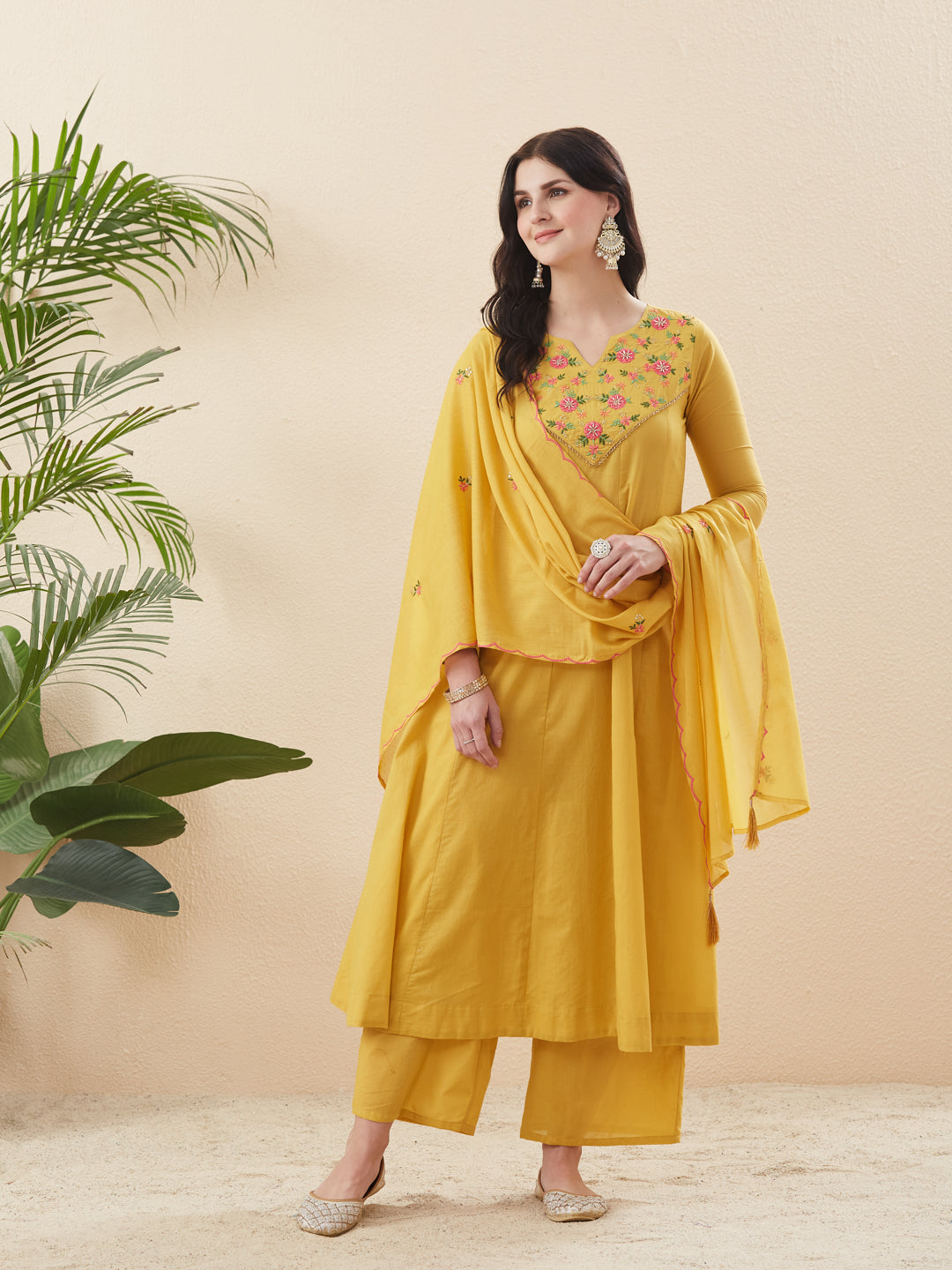 Women’s Yellow Embroidered Cotton Anarkali Kurta set With Dupatta