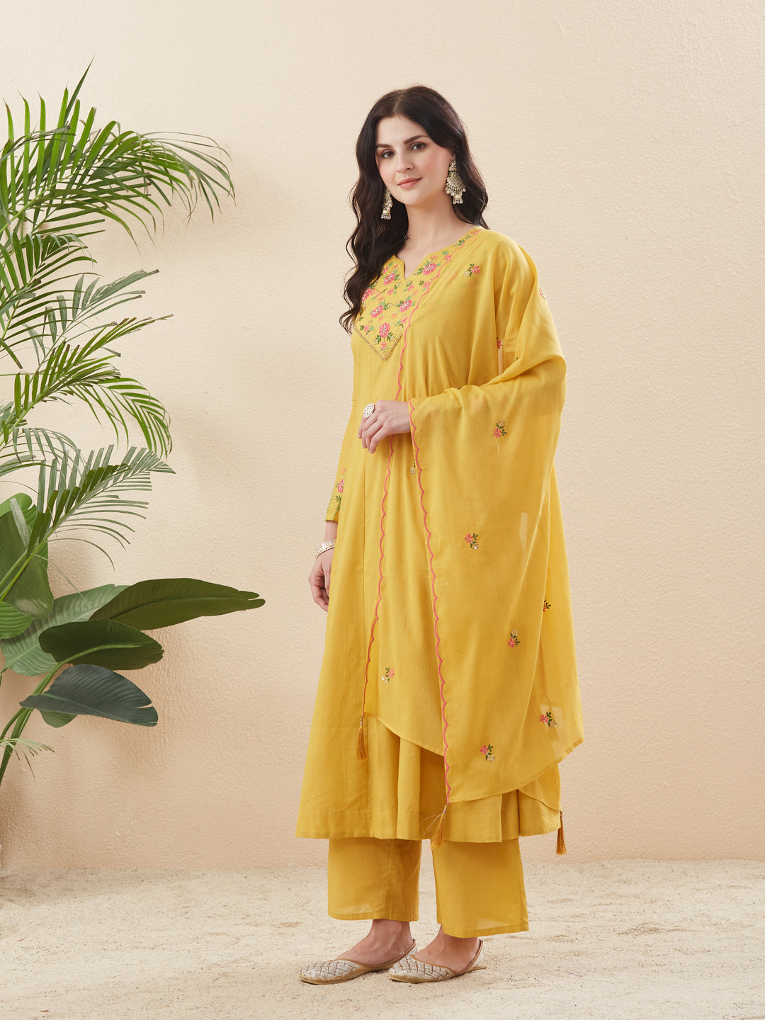 Women’s Yellow Embroidered Cotton Anarkali Kurta set With Dupatta