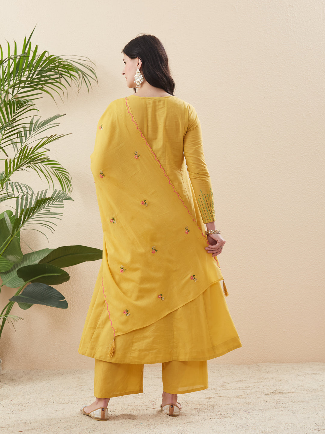 Women’s Yellow Embroidered Cotton Anarkali Kurta set With Dupatta