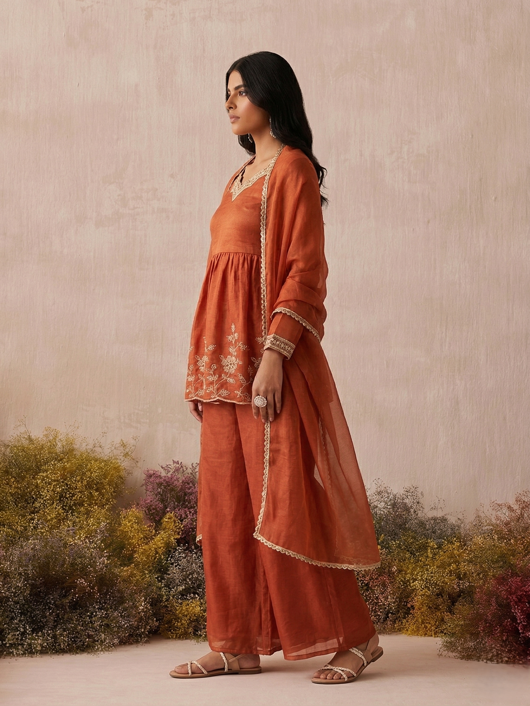 Rust Silk Peplum Sharara Set with Embroidery & Dupatta