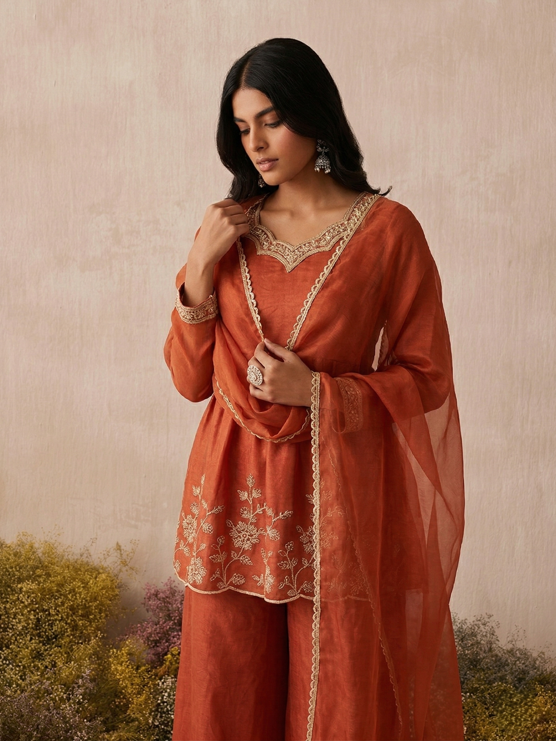 Rust Silk Peplum Sharara Set with Embroidery & Dupatta
