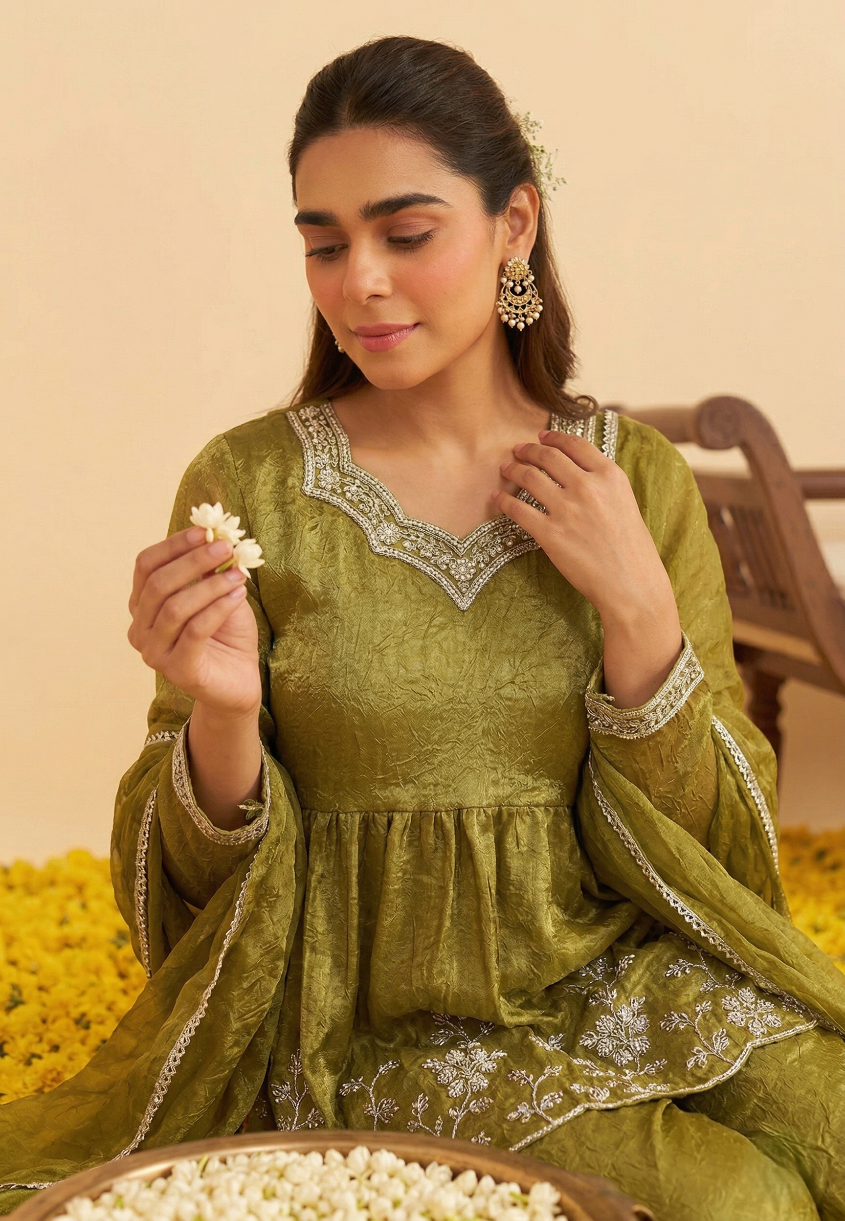 Green Silk Embroidered Peplum Sharara Set With Dupatta for Women