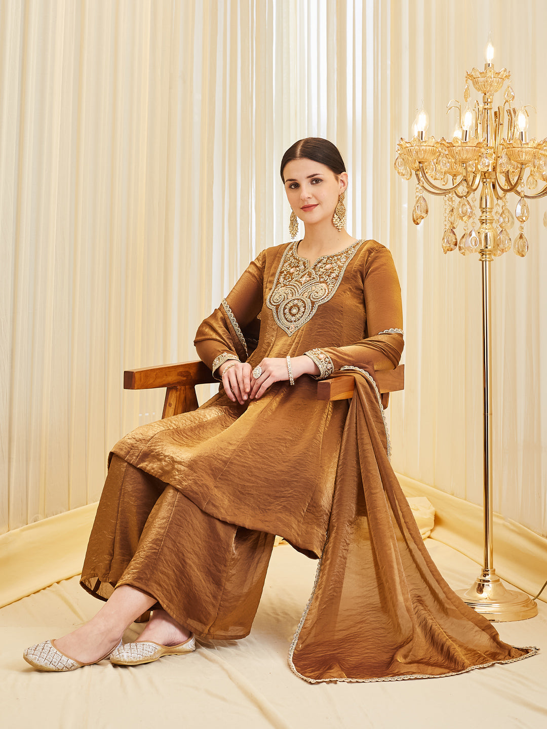 Brown Silk Embroidered Anarkali Kurta Palazzo Set with Dupatta For Women