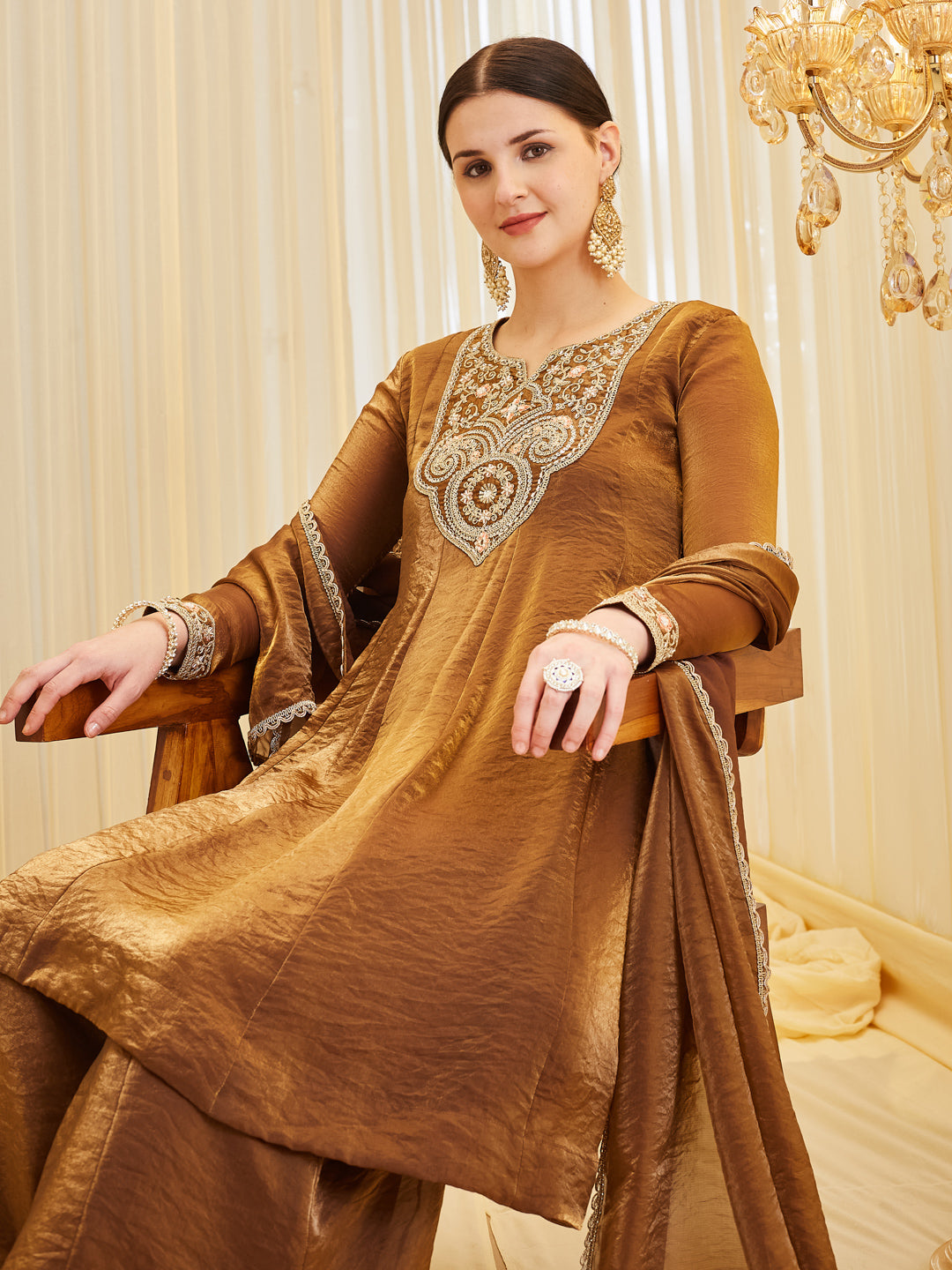 Brown Silk Embroidered Anarkali Kurta Palazzo Set with Dupatta For Women