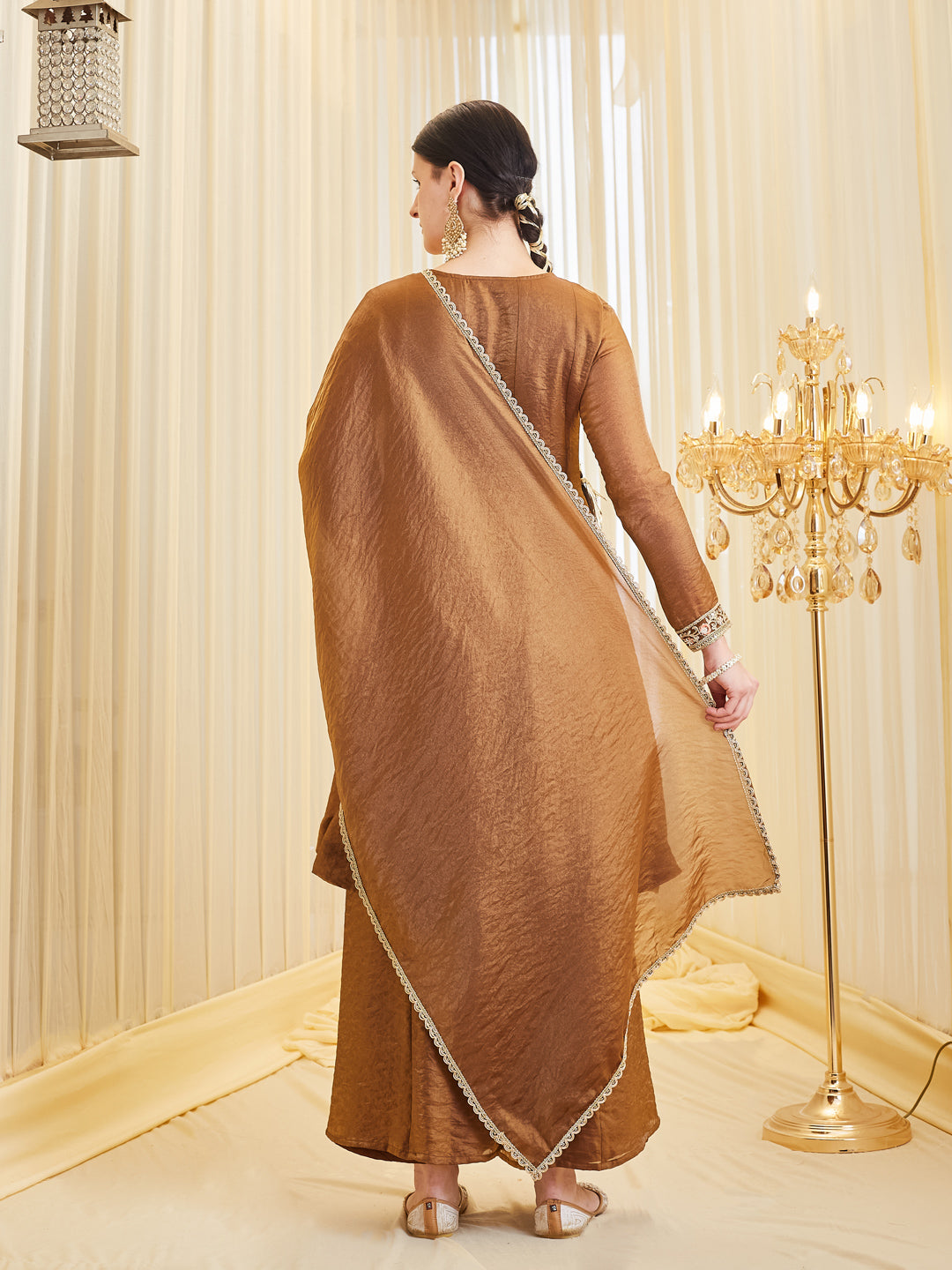 Brown Silk Embroidered Anarkali Kurta Palazzo Set with Dupatta For Women