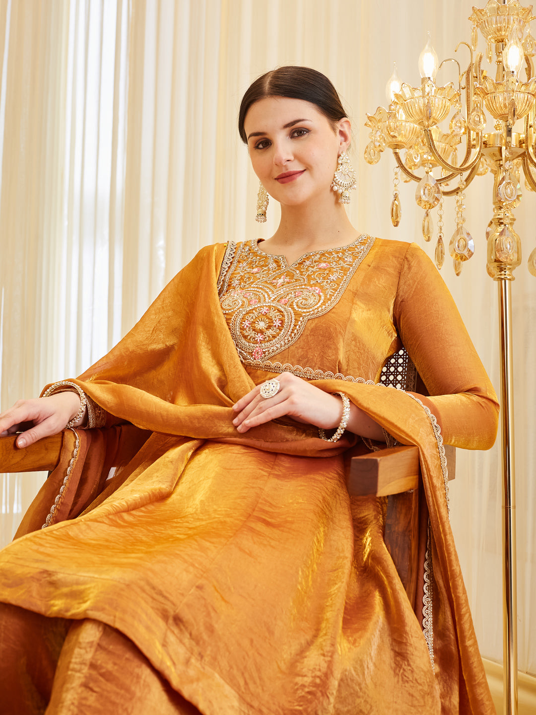 Orange Silk Embroidered Ethnic Kurta Set with Dupatta For women