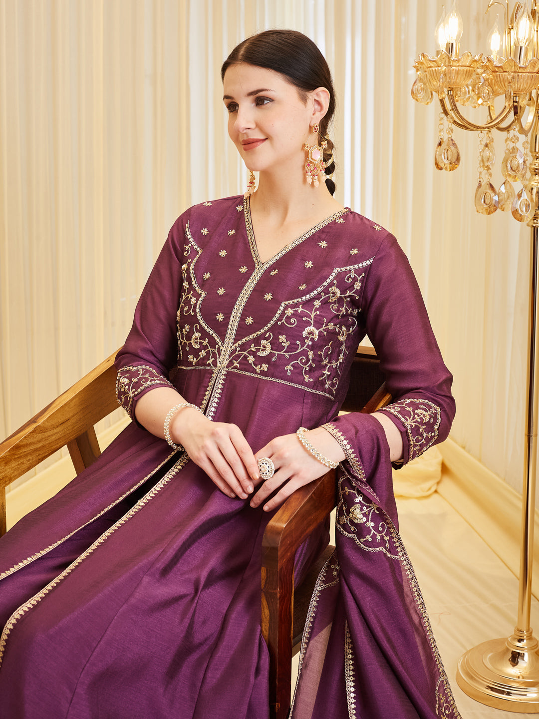 Purple Anarkali Style Embroidered Silk Suit Set With Dupatta for Women