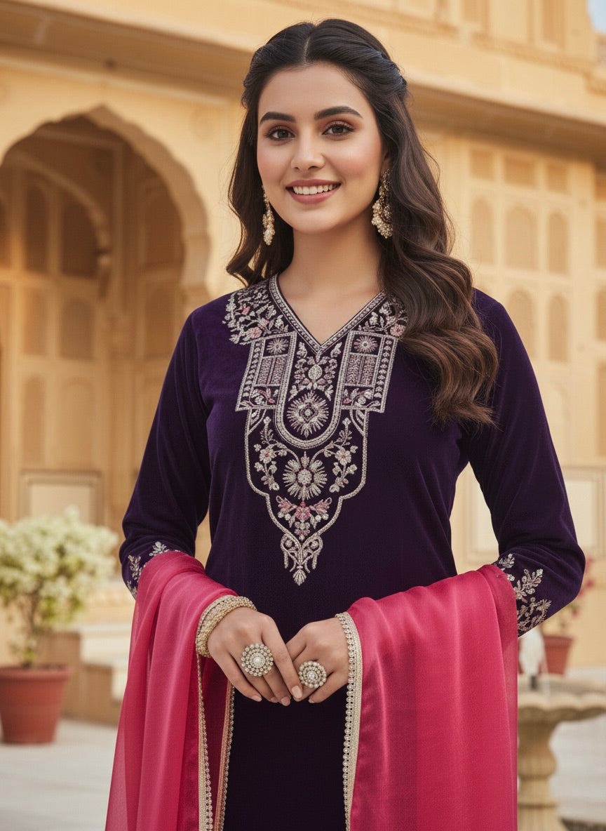 Violet Velvet Embroidered Kurta with pink Dupatta