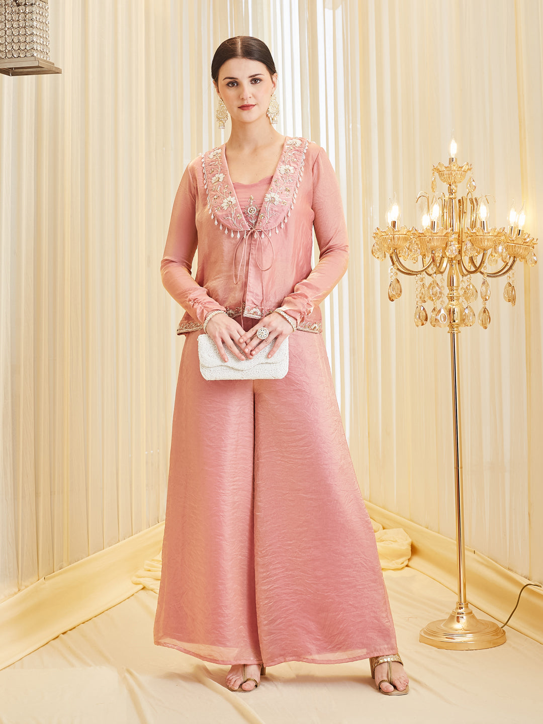 Pink Silk Zari Embroidered Floral Jacket Palazzo Set For Women