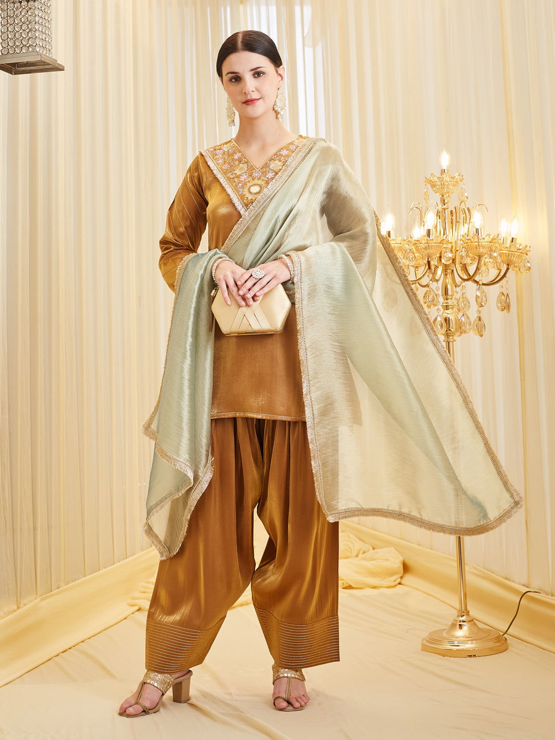 Mustard Silk Embroidered Kurta & Palazzo with Dupatta Set For Women