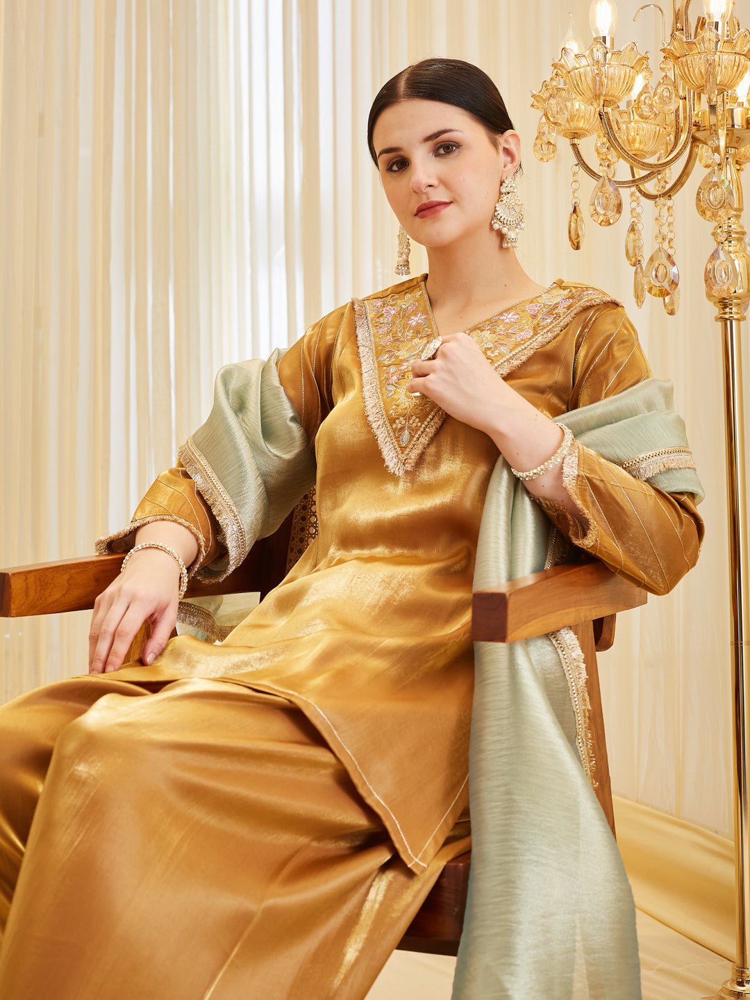 Mustard Silk Embroidered Kurta & Palazzo with Dupatta Set For Women