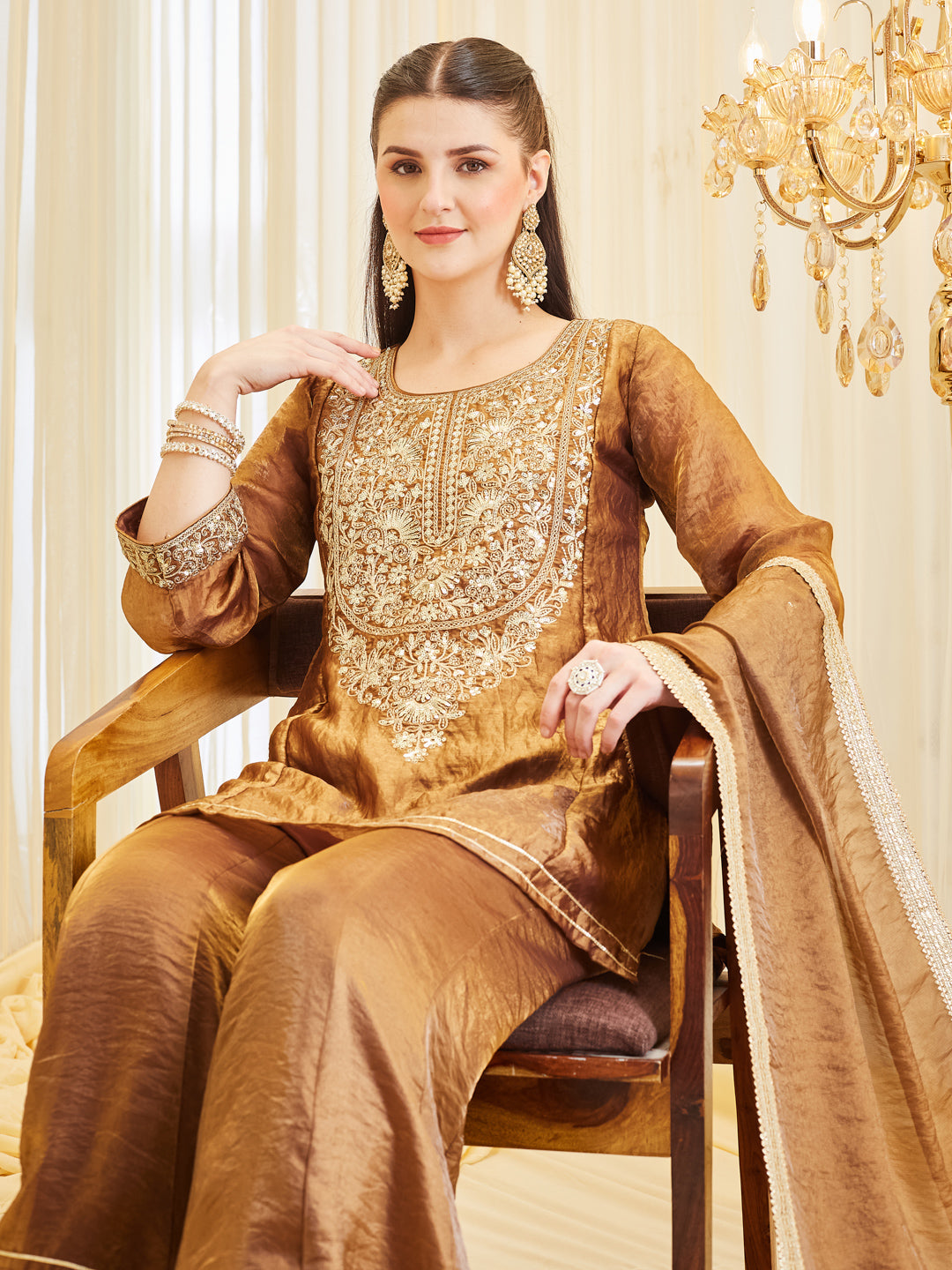 Women's Brown Embroidered Silk Handwork Sharara Set with Dupatta