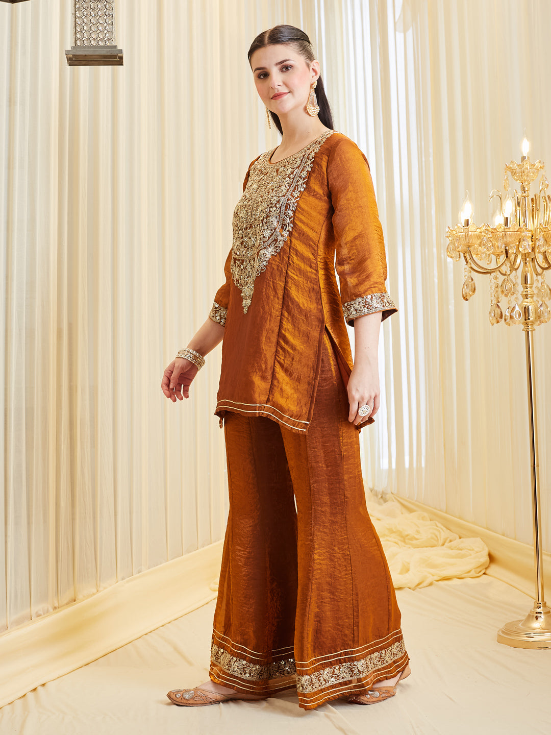 Women's Embroidered Premium Rust Silk Handwork Sharara Set with Dupatta