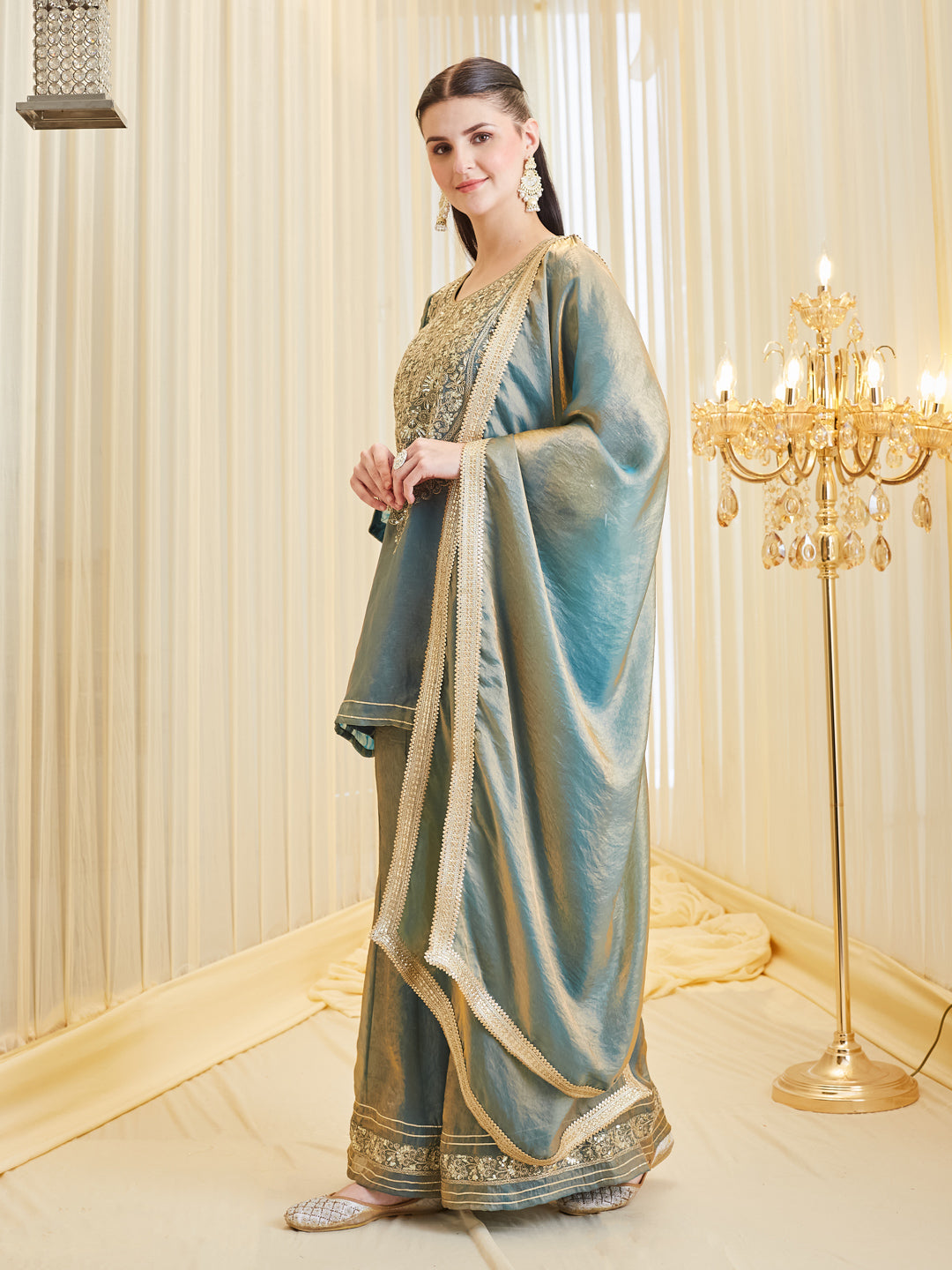 Blue Festive Silk Embroidered Handwork Sharara Suit Set for Women