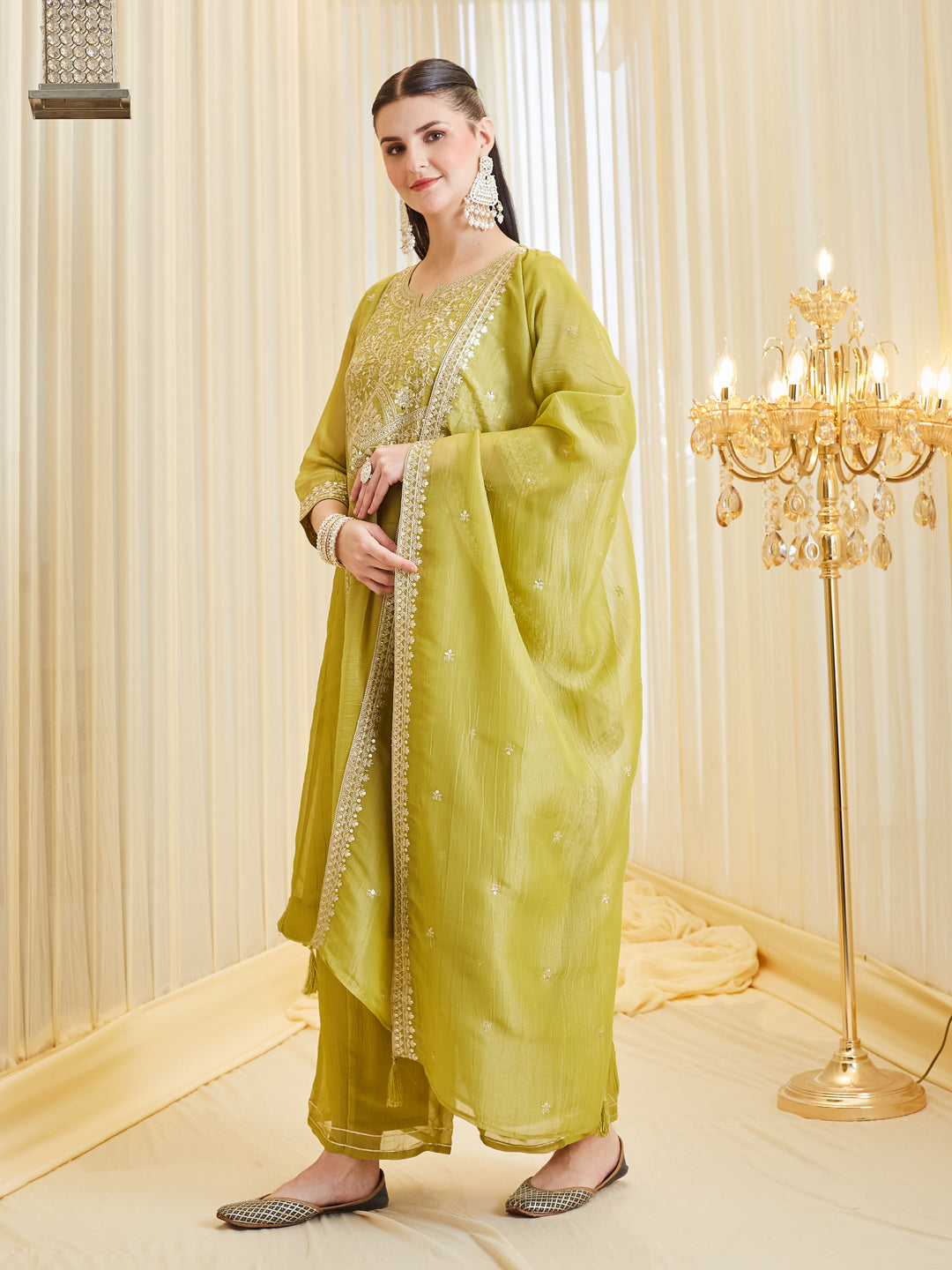 Neon Premium Silk Zari Embroidered Ethnic Palazzo Set With Dupatta For Women