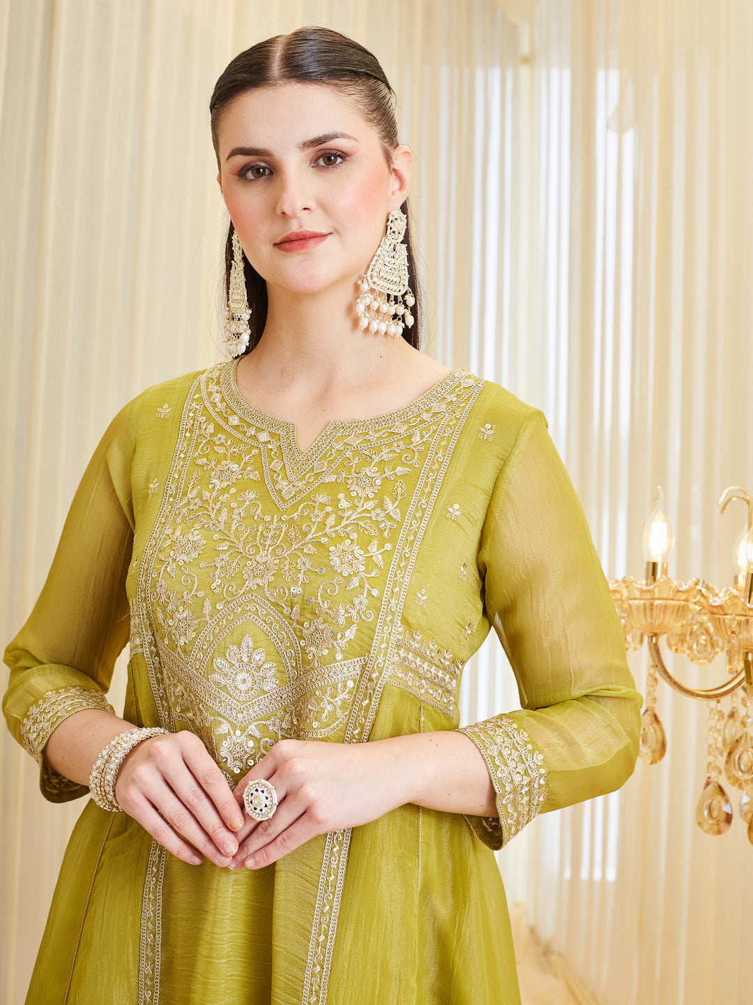 Neon Premium Silk Zari Embroidered Ethnic Palazzo Set With Dupatta For Women