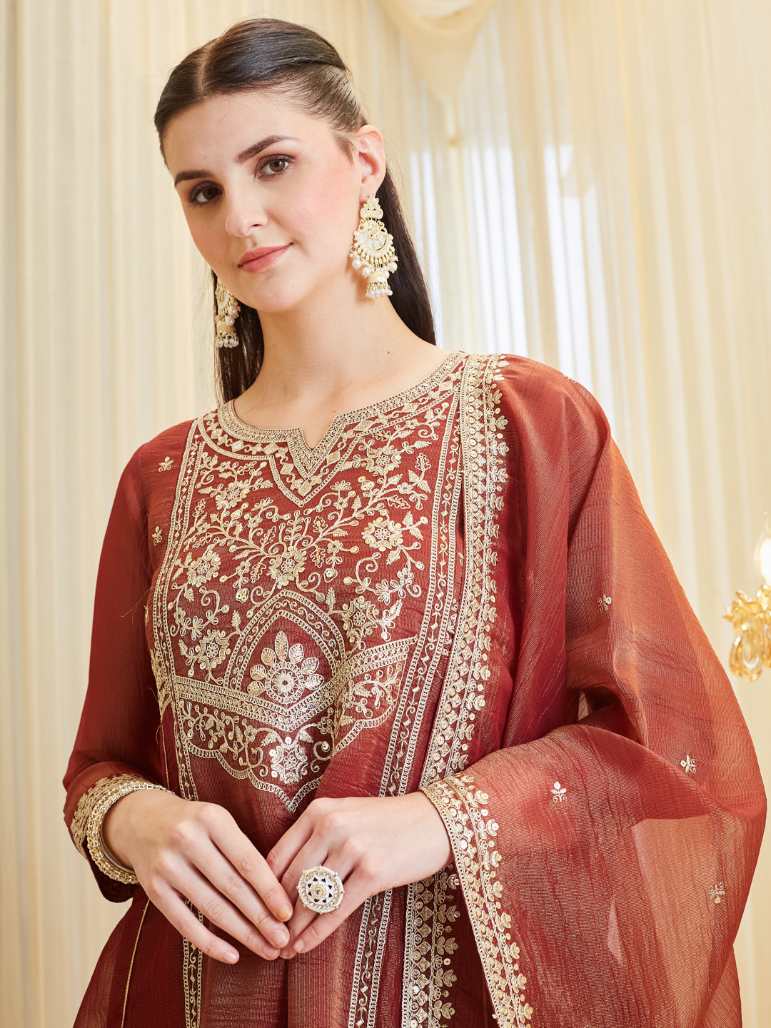 Maroon Silk Zari Embroidered Anarkali Palazzo With Dupatta Set For Women