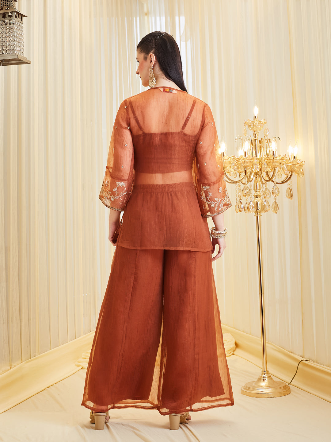 Brown Silk Embroidered Top Palazzo Shrug Set