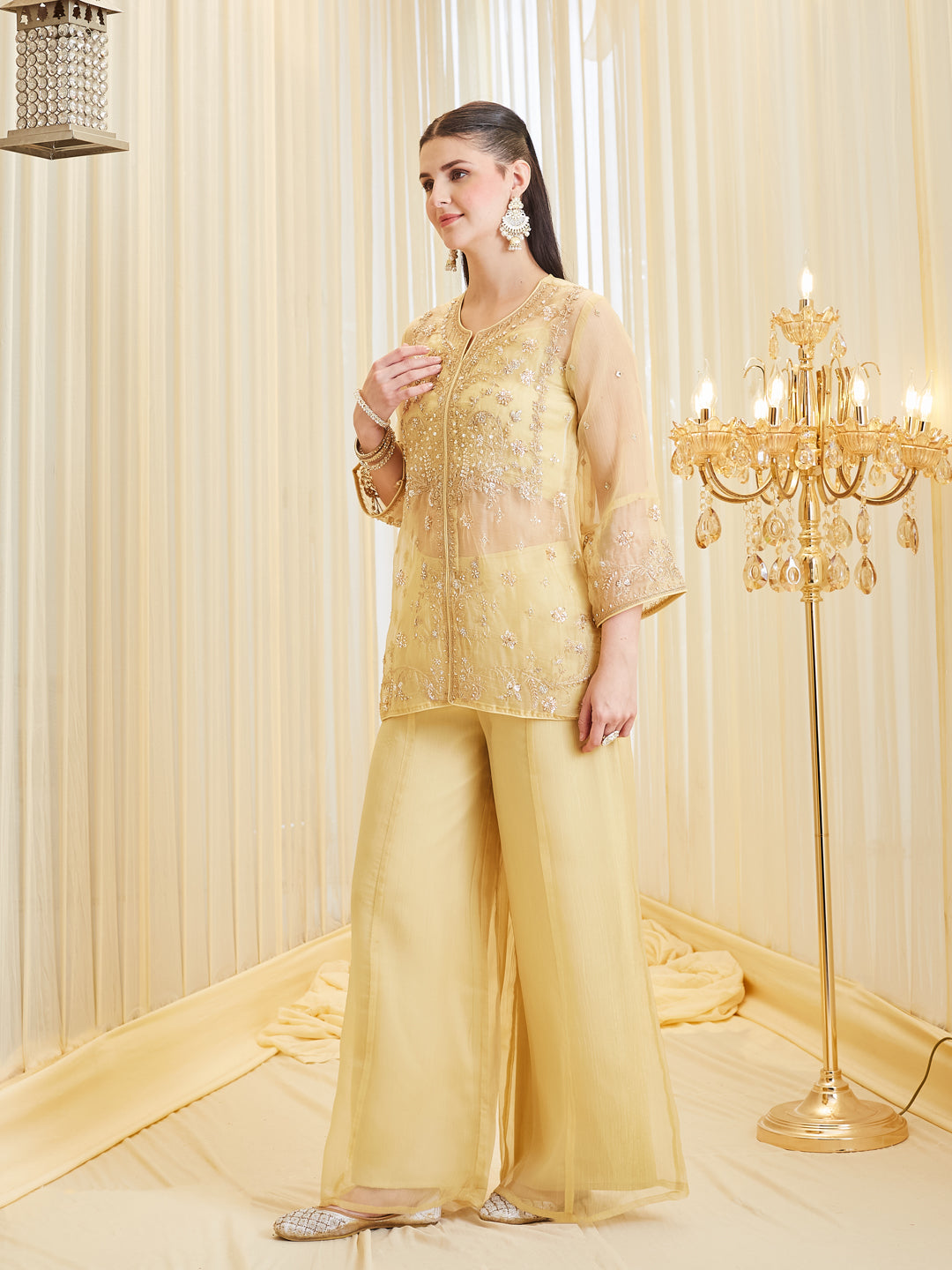 Yellow Silk Embroidered Shrug Set