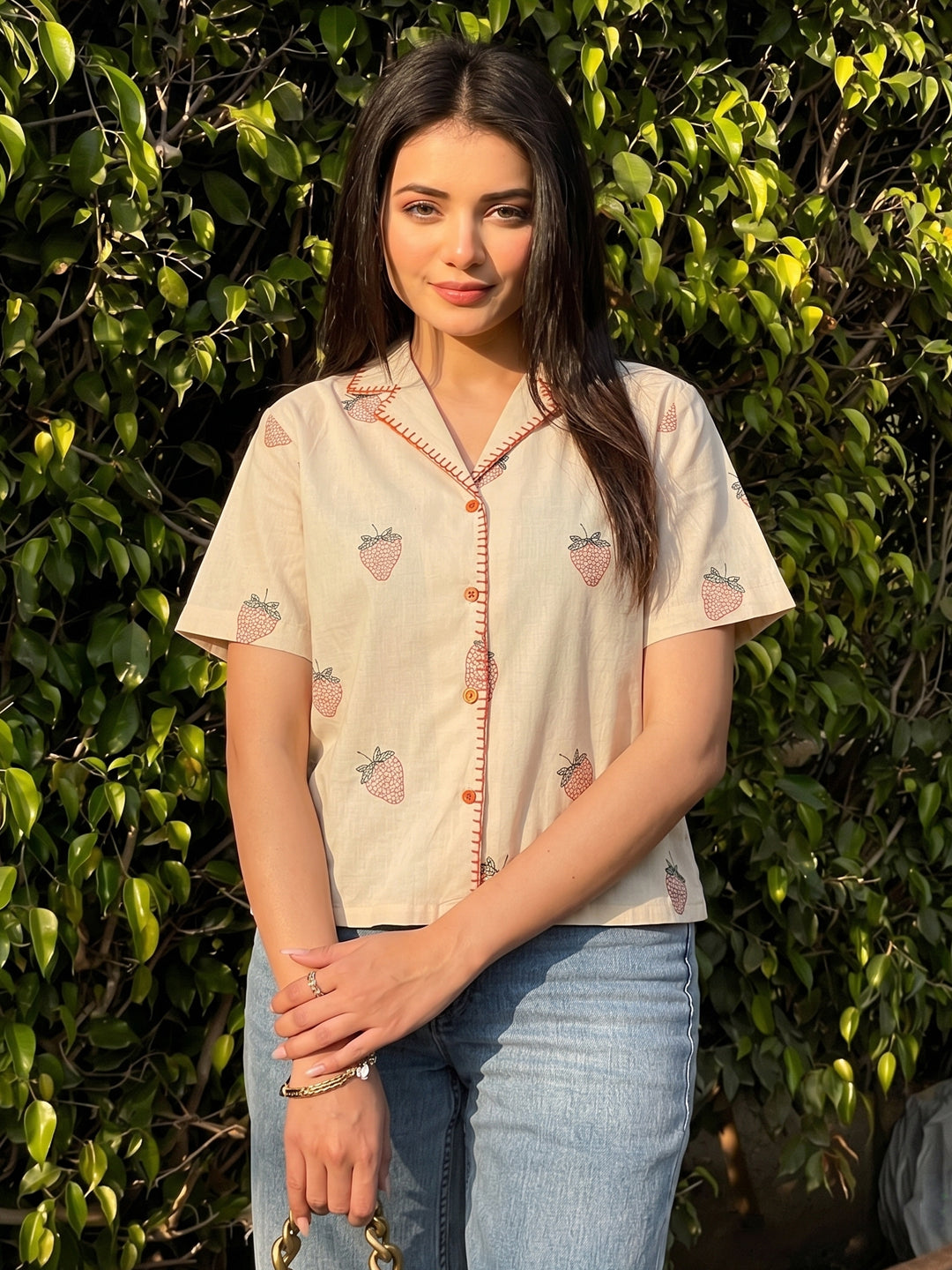 Women’s Cream Cotton Strawberry Print Casual Shirt