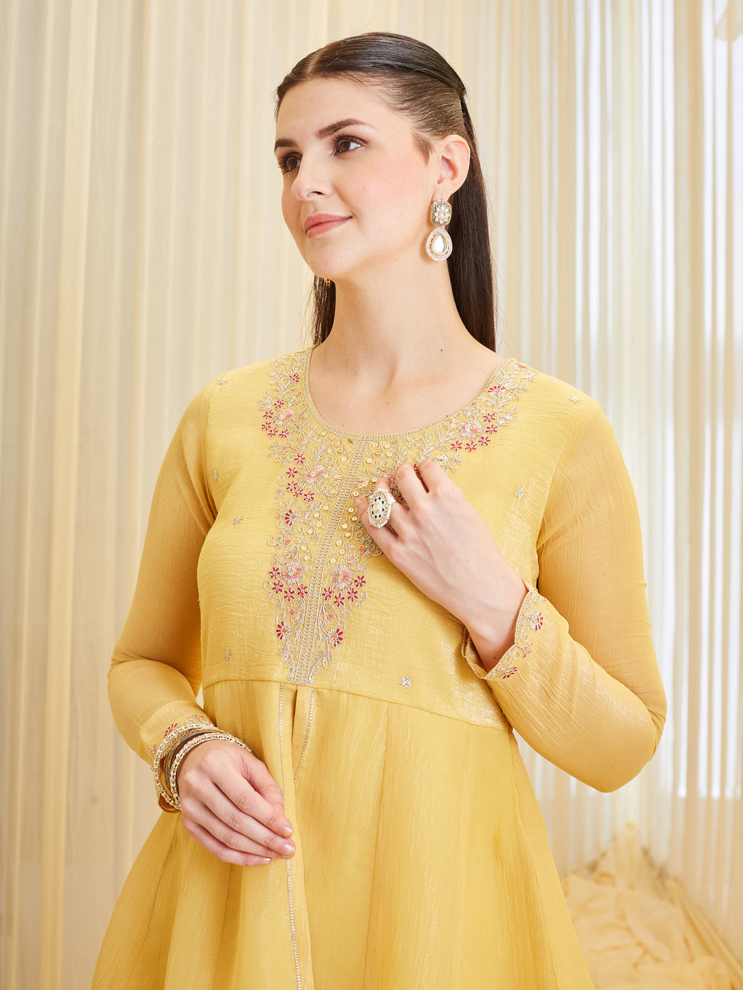 Stylish Yellow Silk Embroidered Ethnic Set With Dupatta For Women